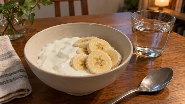 夜の食卓にヨーグルトとバナナ、水を用意した夜食のイメージ