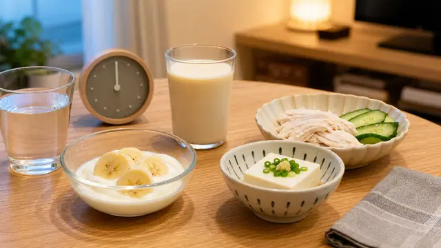 夕食後の空腹時に選ぶヨーグルトとバナナ、豆乳、豆腐、ささみの夜食イメージ