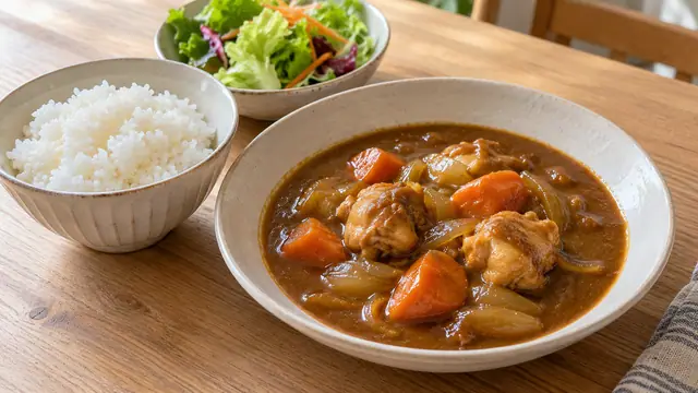 鶏肉と野菜のカレー、ごはんを別々の器に盛り、サラダを添えた食事のイメージ