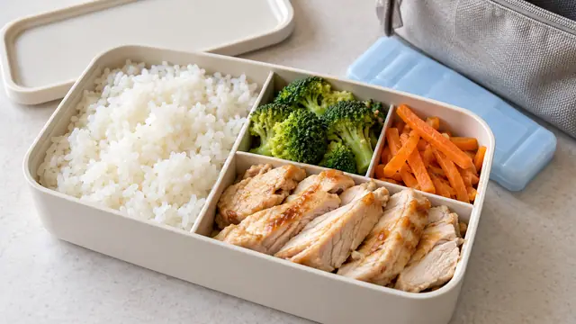 ごはん・加熱した鶏肉・ブロッコリー・にんじんを分けて詰めた弁当と保冷用品のイメージ。計量済みの分量や特定レシピの完成写真ではありません