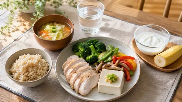 ダイエット中の空腹対策として主食・主菜・副菜と補食を整えた食事イメージ