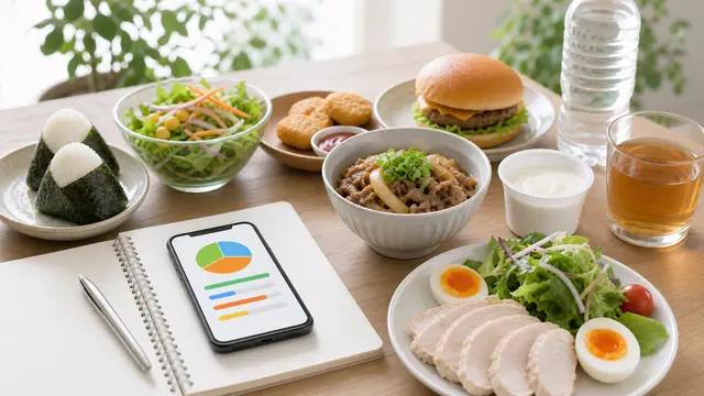 外食PFC表を見ながらコンビニやファストフードの商品を選ぶイメージ