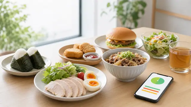 外食やコンビニの商品をPFCで比較して選ぶ食卓イメージ
