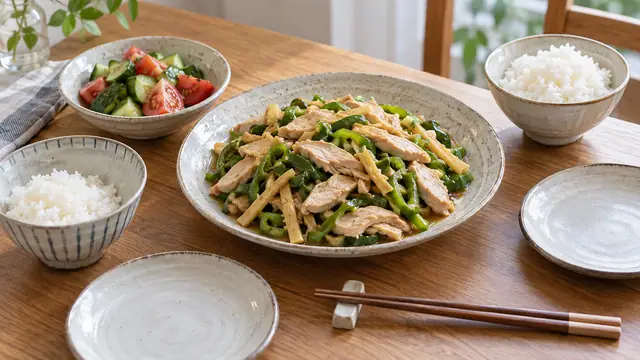 鶏肉とピーマンの炒め物を大皿で共有し、量の異なるごはんと取り皿を並べた家族の夕食イメージ