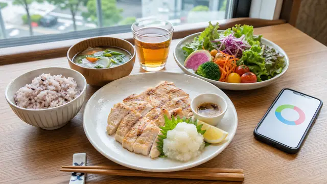 外食が続く週のPFC調整に使う鶏肉定食と食事記録のイメージ