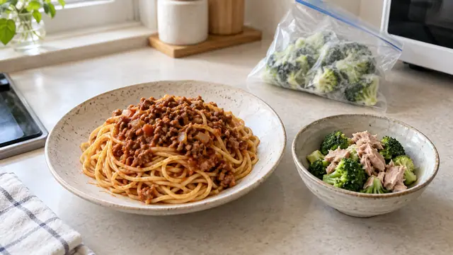 冷凍食品を使った夕食の組み合わせ例として、パスタにツナとブロッコリーの副菜を添えた食卓