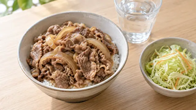 牛肉と玉ねぎの牛丼にキャベツのサラダと水を添えた一般的な食事のイメージ。特定店舗の商品写真ではありません。