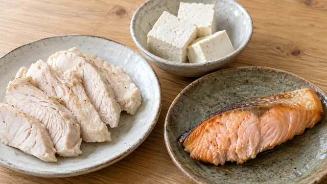 肉・魚・豆腐の主菜を選び分けるイメージ。同じ重量や同じPFCの比較写真ではありません