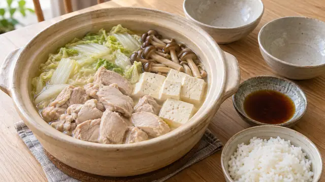 鶏肉・豆腐・白菜・きのこの鍋と、取り皿・つけだれ・ごはんを分けて置いた食卓のイメージ。計量した分量や特定商品を示す写真ではありません
