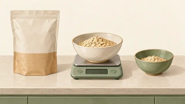 食品の袋、はかりに載せた器、取り分けた小さな器を並べ、表示の基準量と実際に食べる量を区別するイラスト