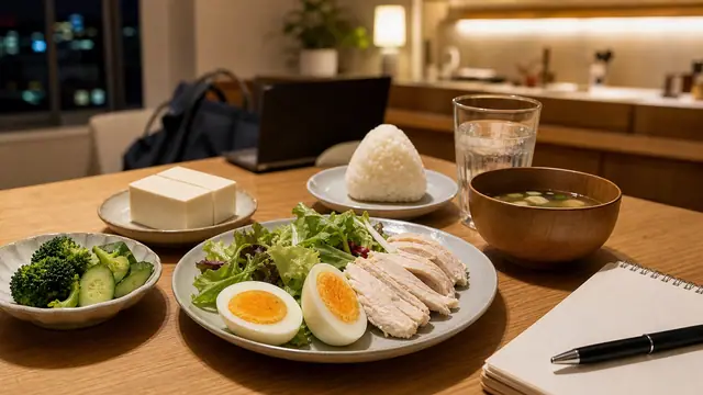 残業で遅くなった日のコンビニ夕食をPFCで整える食卓イメージ