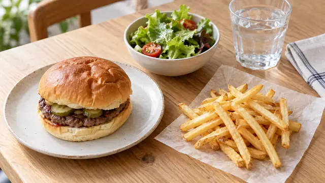 バーガー、少量のポテト、サラダ、水を並べた一般的な食事のイメージ。特定店舗の商品写真ではありません。