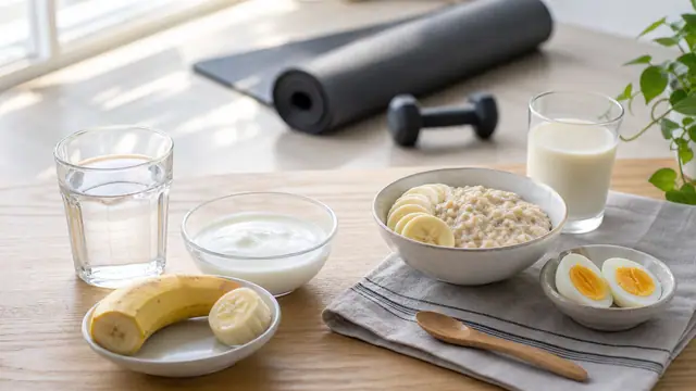 朝の筋トレ前後に分けて食べるバナナとヨーグルト、オートミールの朝食イメージ