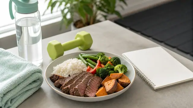 筋トレ後の食事と記録ノートを並べた体づくり向けの食事チェック