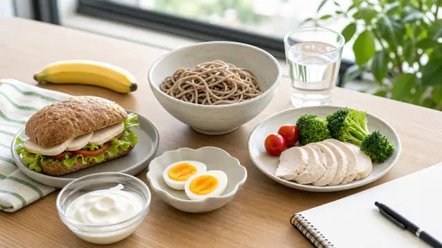 麺やパン中心の昼食にたんぱく質と野菜を足してPFCを整えるイメージ