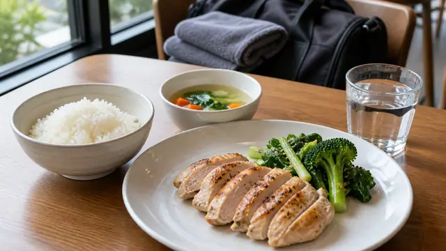筋トレ後の外食で選ぶ鶏むね肉の定食とごはん、野菜、スープの食事イメージ