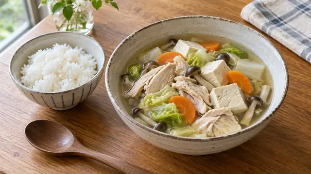 鶏肉・豆腐・白菜・きのこの具だくさんスープに白米を添えた夕食の組み合わせイメージ