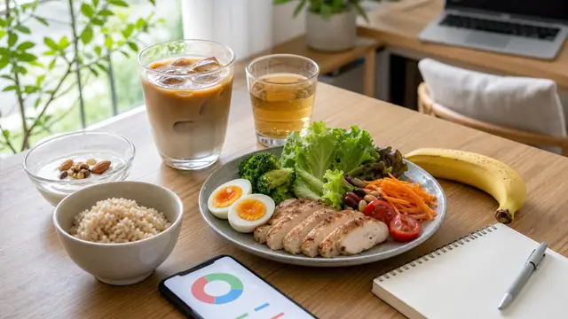 カフェラテや甘い飲み物をPFCで見直す食卓イメージ