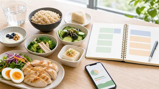 平日と週末の食事をPFCで計画する食卓と記録ノートのイメージ
