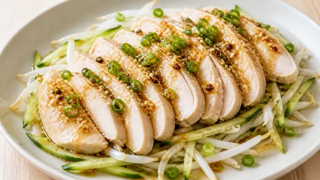 鶏むね肉をきゅうりともやしにのせた辛さ控えめ花椒よだれ鶏の完成イメージ