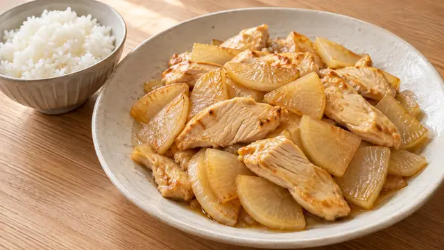 薄切りの鶏むね肉と大根に甘酢だれを薄く絡め、白米を添えた照り焼きの完成イメージ