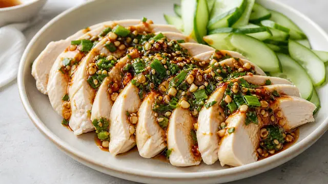 鶏むね肉の韓国風にらだれレンジ蒸しの完成イメージ