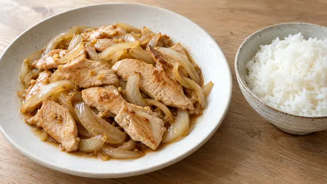 薄切りの鶏むね肉と玉ねぎにしょうがだれを絡め、白米を添えたしょうが焼きの完成イメージ