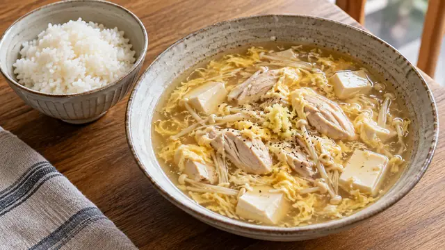 卵・絹ごし豆腐・えのき入りのささみ酸辣湯風スープに白米を添えた完成イメージ