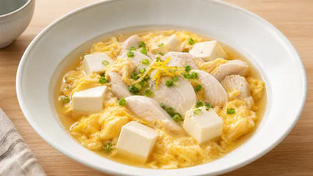 ささみと木綿豆腐を柚子胡椒だしとふんわり卵でとじた高たんぱく主菜