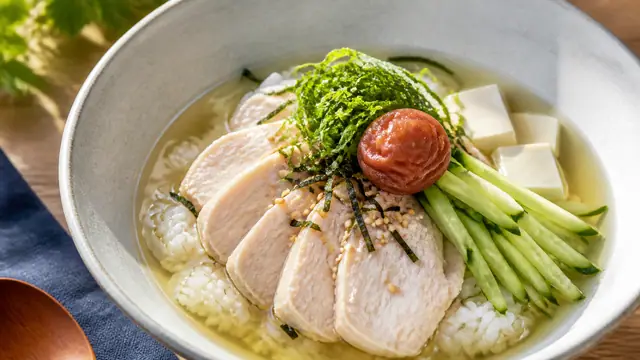 鶏むね肉の冷やし梅だし茶漬けの完成イメージ