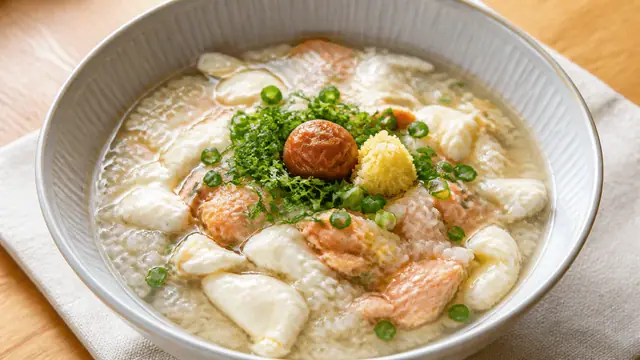 鮭缶と卵白の梅だし雑炊の完成イメージ