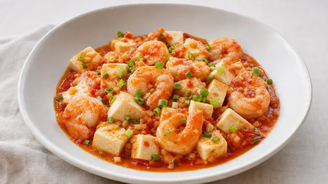 えびと木綿豆腐を辛さ控えめの香味トマトチリソースで煮た高たんぱく主菜