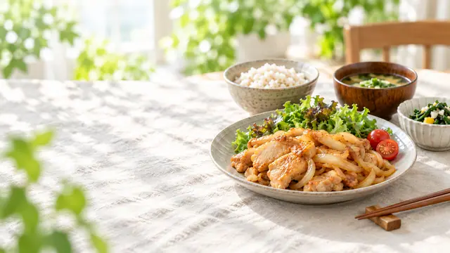 鶏むね肉と玉ねぎのしょうが焼きに、ご飯を添えた食卓の調理イメージ